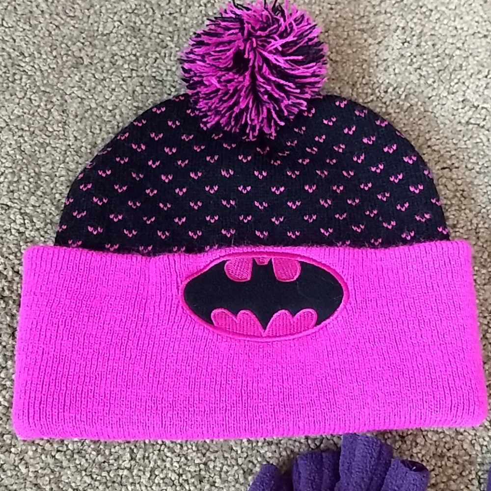 Batman Kids Girls Hat Ear Warmer Glove Bundle Pink Black‎ Winter Warm Snow Puff